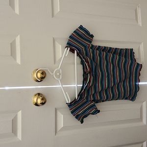 Ambiance size medium crop top with short sleeves and multicolored stripes.